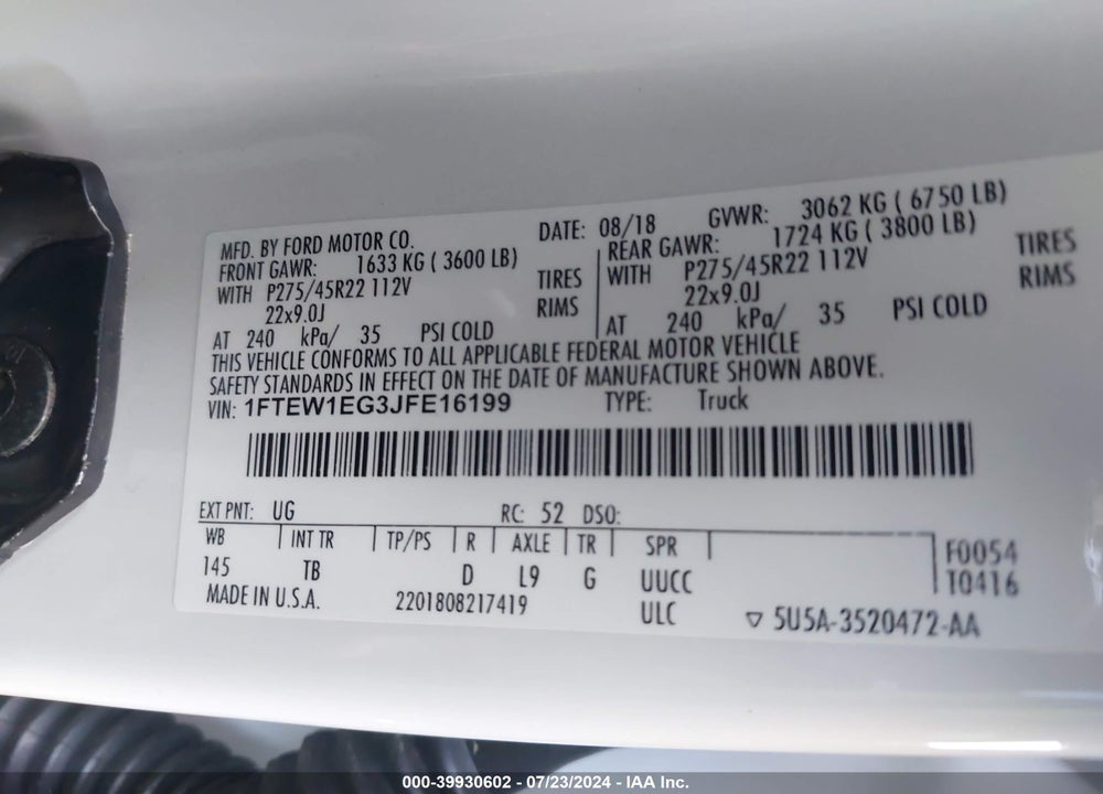 2018 FORD F-150 LIMITED VIN: 1FTEW1EG3JFE16199