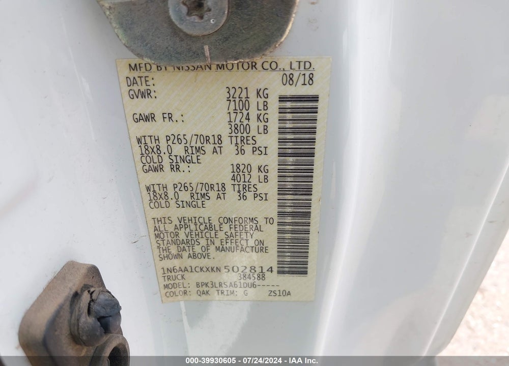 2019 NISSAN TITAN S VIN: 1N6AA1CKXKN502814