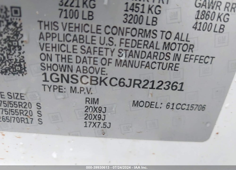 2018 CHEVROLET TAHOE LT VIN: 1GNSCBKC6JR212361