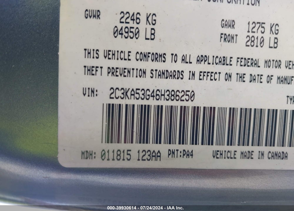 2006 CHRYSLER 300 TOURING VIN: 2C3KA53G46H386250