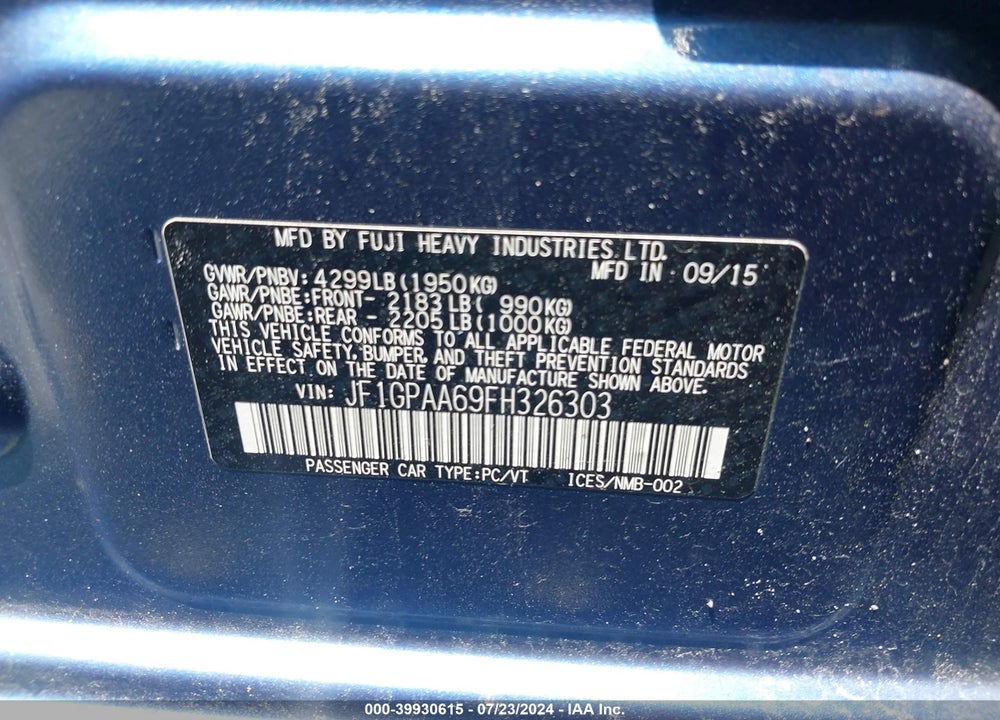 2015 SUBARU IMPREZA 2.0I VIN: JF1GPAA69FH326303