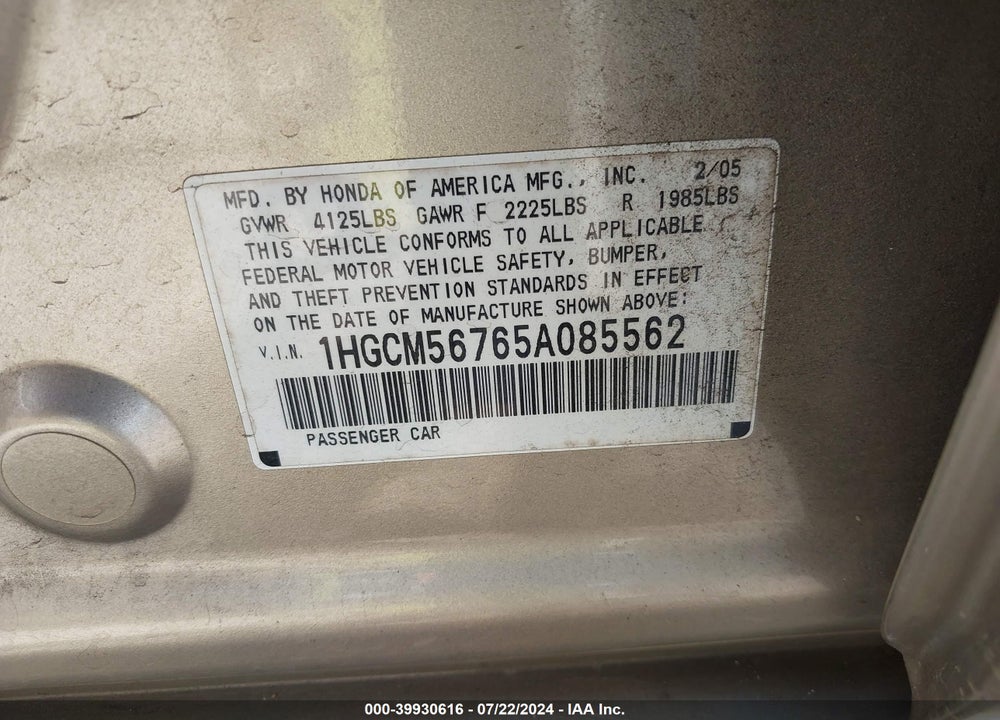 2005 HONDA ACCORD 2.4 EX VIN: 1HGCM56765A085562