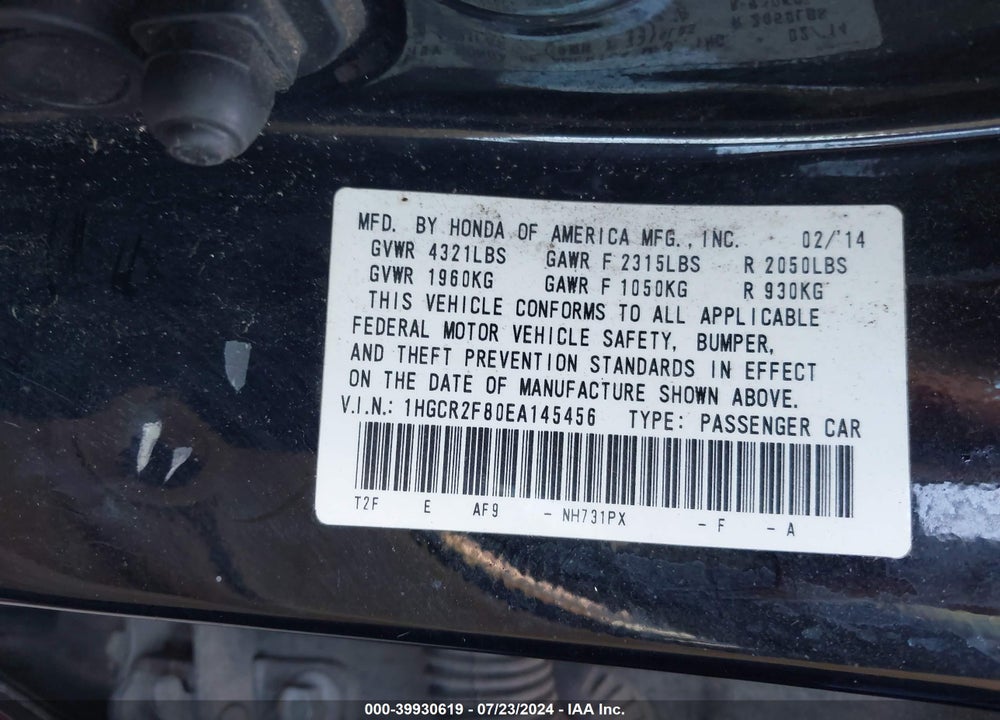 2014 HONDA ACCORD EX-L VIN: 1HGCR2F80EA145456