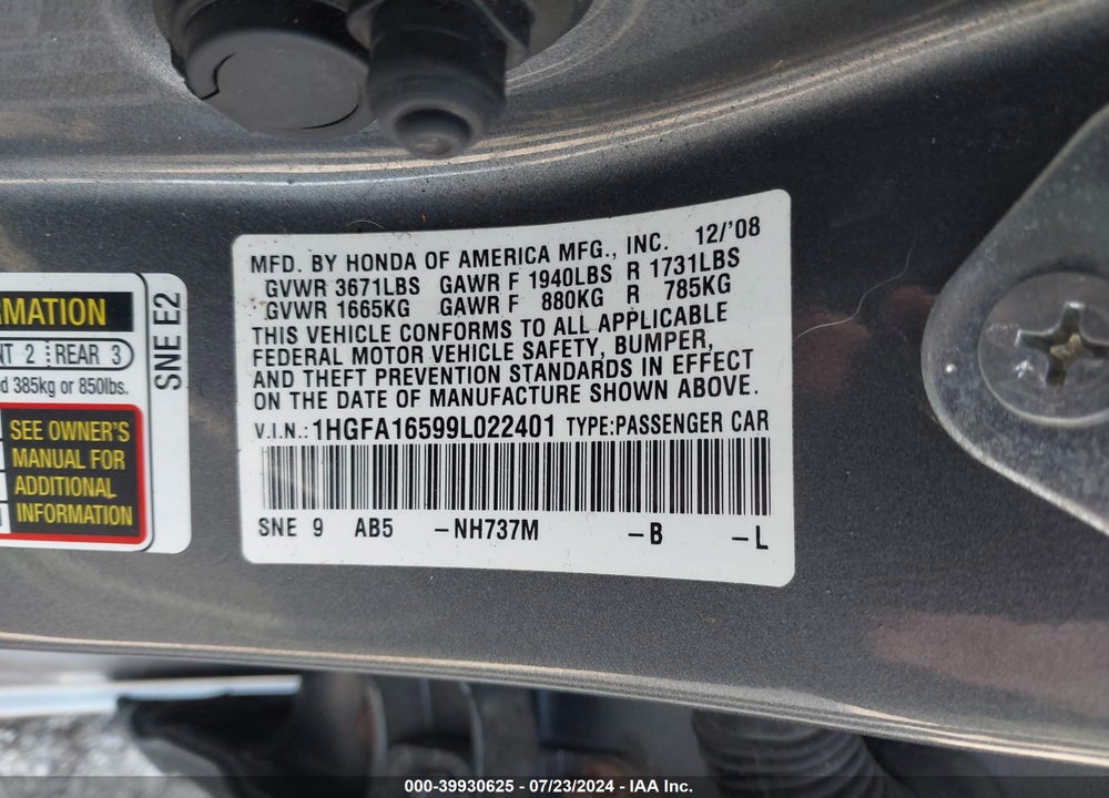 2009 HONDA CIVIC LX VIN: 1HGFA16599L022401