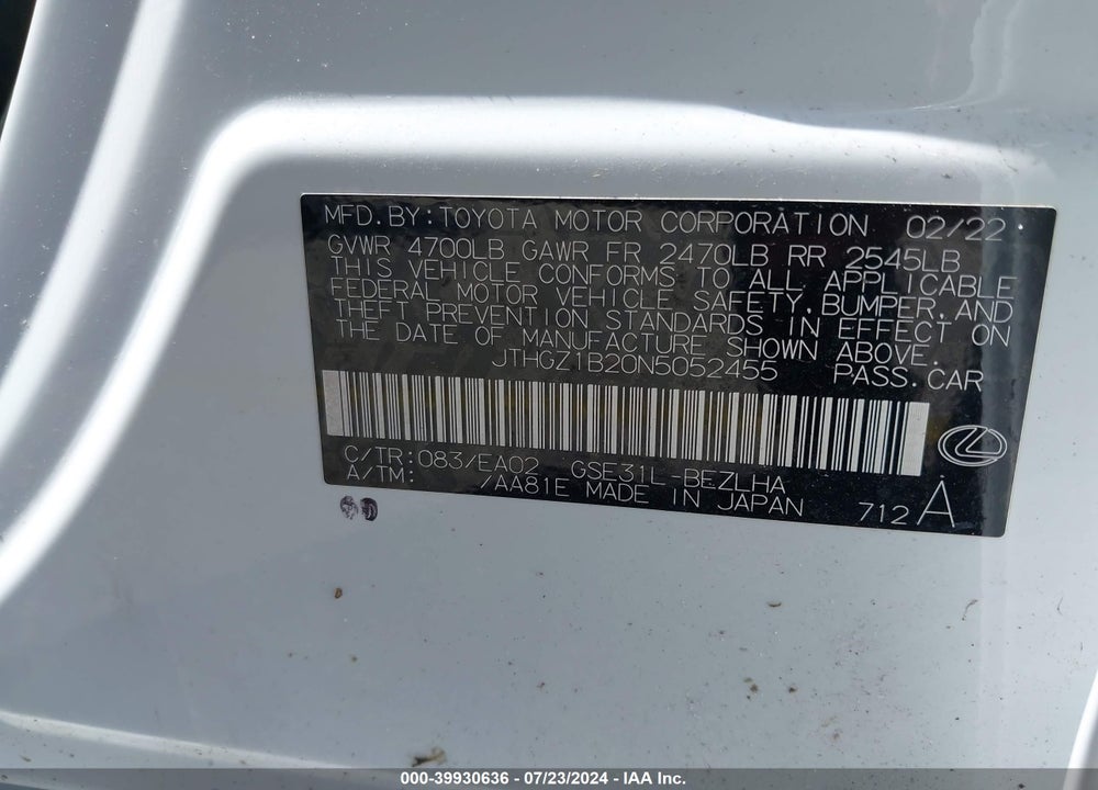 2022 LEXUS IS 350 F-SPORT VIN: JTHGZ1B20N5052455
