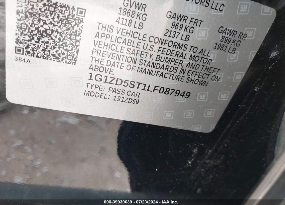 2020 CHEVROLET MALIBU FWD LT VIN: 1G1ZD5ST1LF087949