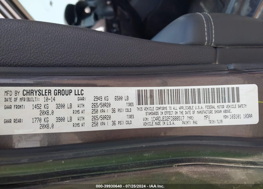 2015 DODGE DURANGO CITADEL VIN: 1C4RDJEG2FC688517