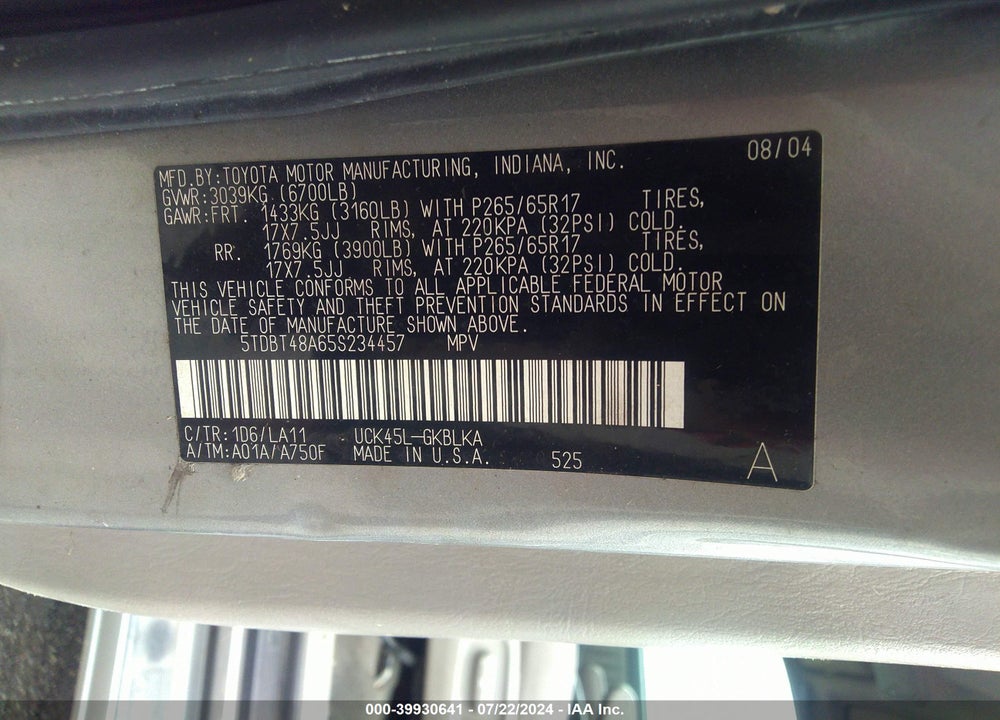 2005 TOYOTA SEQUOIA VIN: 5TDBT48A65S234457