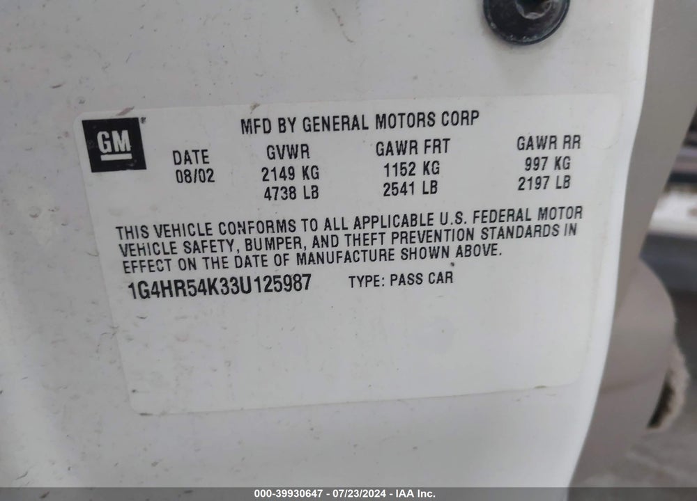 2003 BUICK LESABRE LIMITED VIN: 1G4HR54K33U125987
