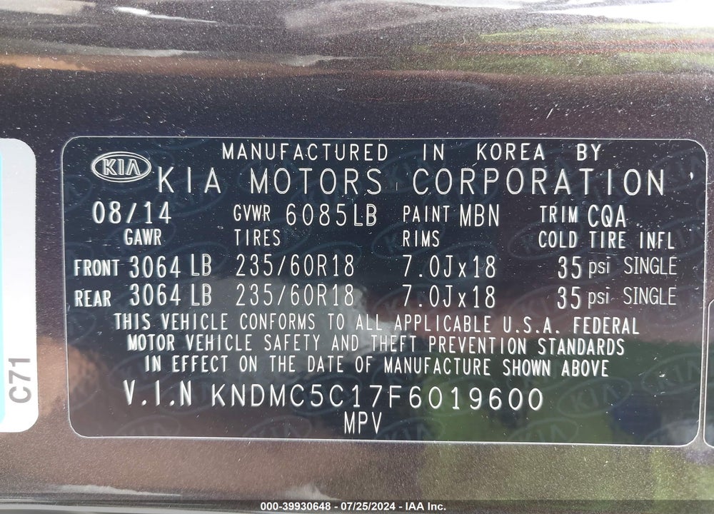 2015 KIA SEDONA SX VIN: KNDMC5C17F6019600