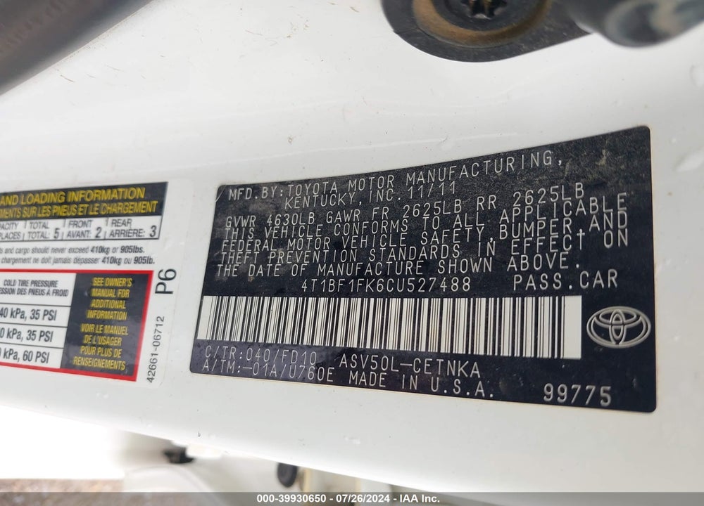 2012 TOYOTA CAMRY LE VIN: 4T1BF1FK6CU527488