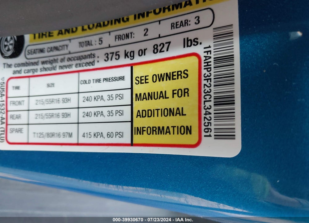 2012 FORD FOCUS SE VIN: 1FAHP3F23CL342561
