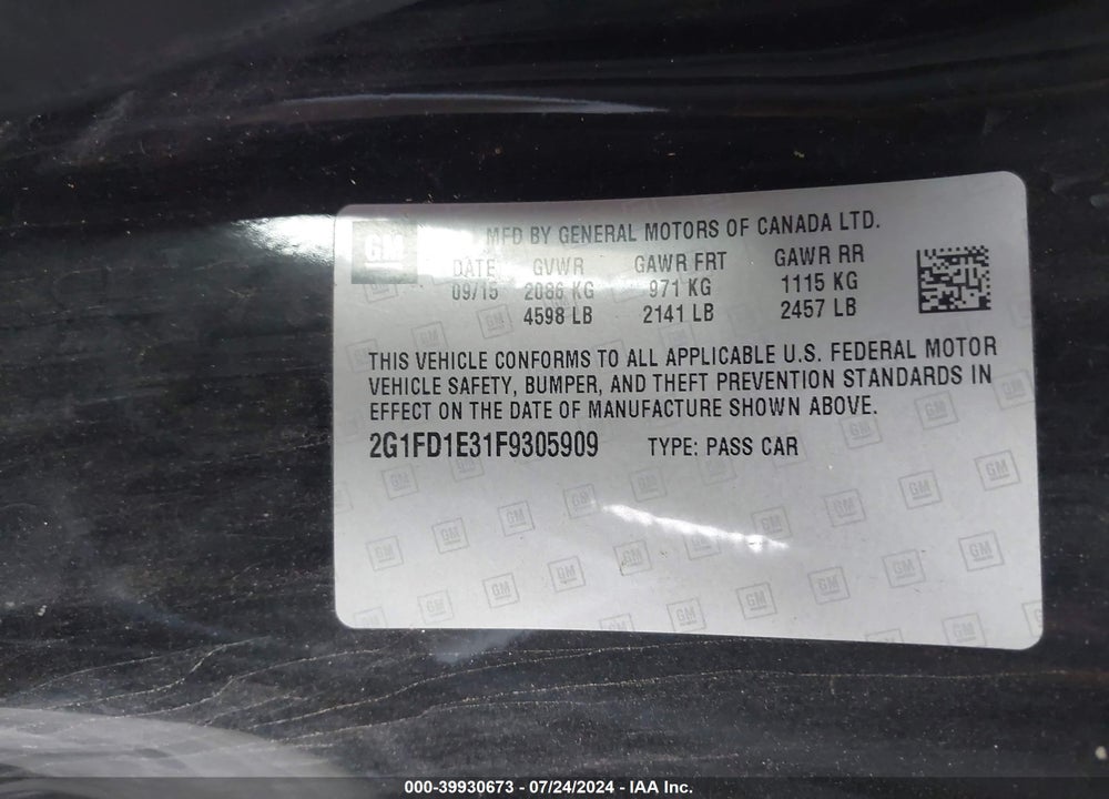 2015 CHEVROLET CAMARO 1LT VIN: 2G1FD1E31F9305909