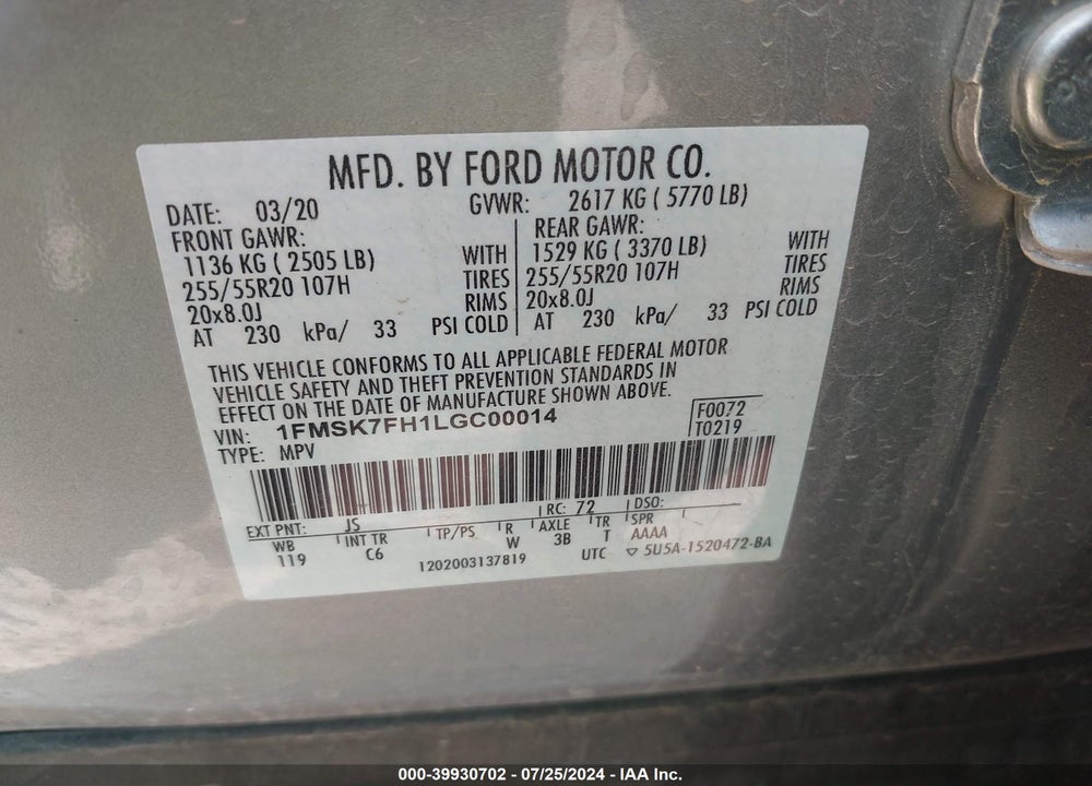 2020 FORD EXPLORER LIMITED VIN: 1FMSK7FH1LGC00014