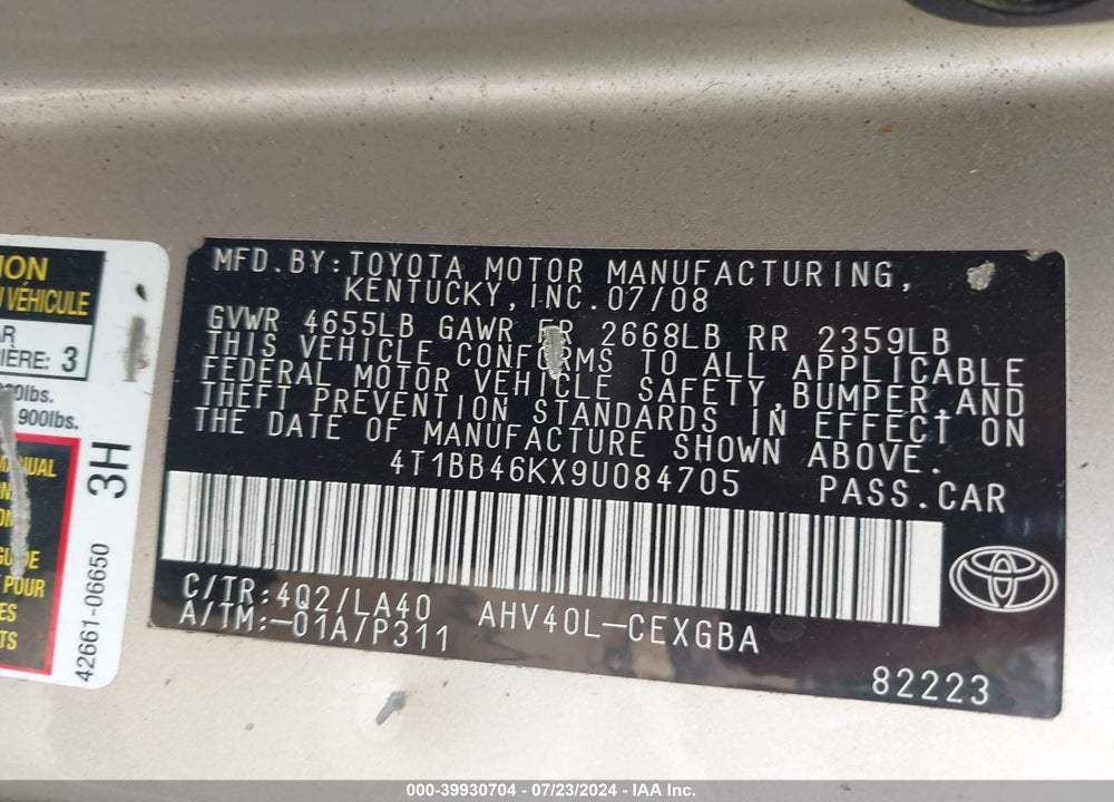 2009 TOYOTA CAMRY HYBRID VIN: 4T1BB46KX9U084705