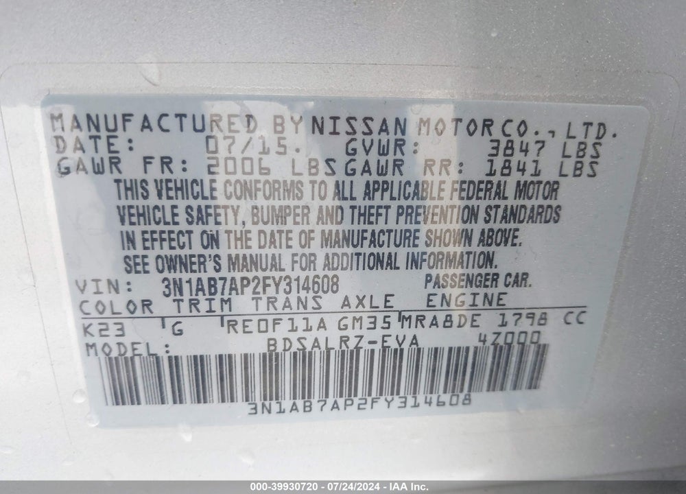 2015 NISSAN SENTRA SR VIN: 3N1AB7AP2FY314608