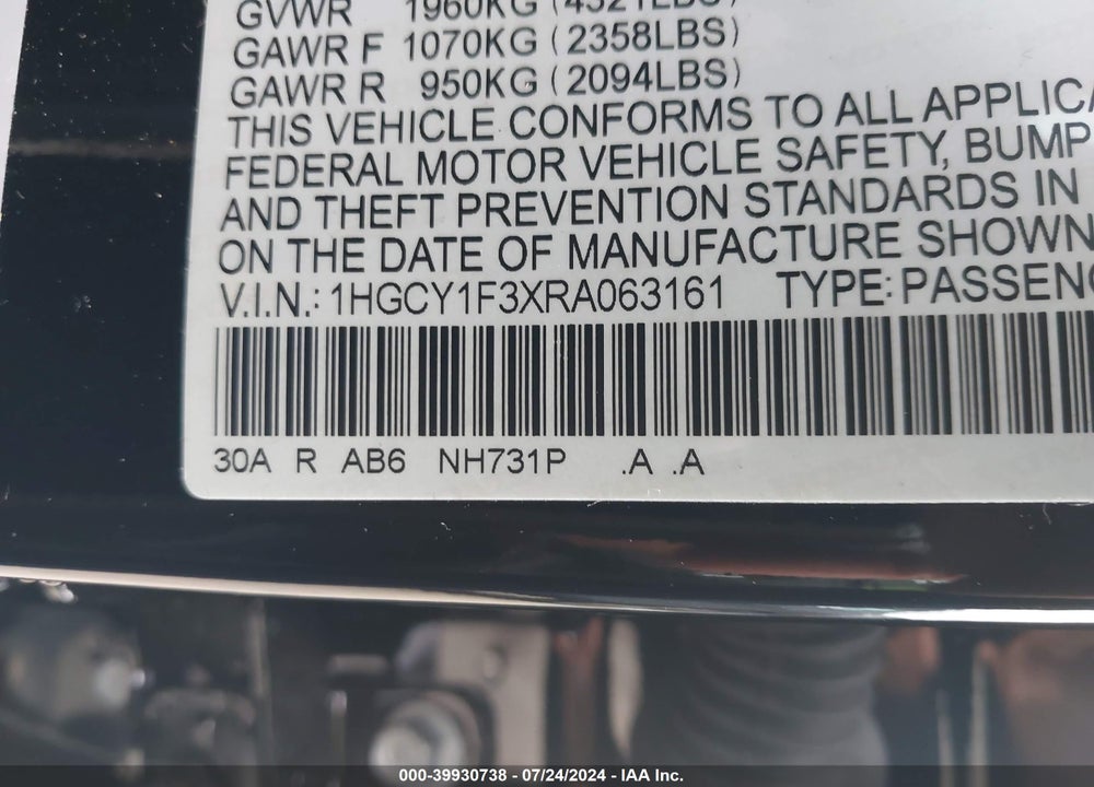 2024 HONDA ACCORD EX VIN: 1HGCY1F3XRA063161