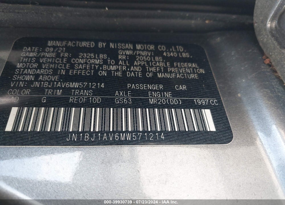 2021 NISSAN ROGUE SPORT S FWD XTRONIC CVT VIN: JN1BJ1AV6MW571214