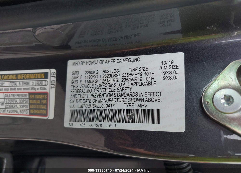 2020 ACURA RDX TECHNOLOGY PACKAGE VIN: 5J8TC2H5XLL019417