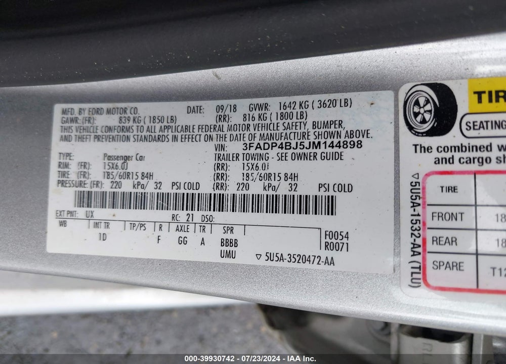 2018 FORD FIESTA VIN: 3FADP4BJ5JM144898