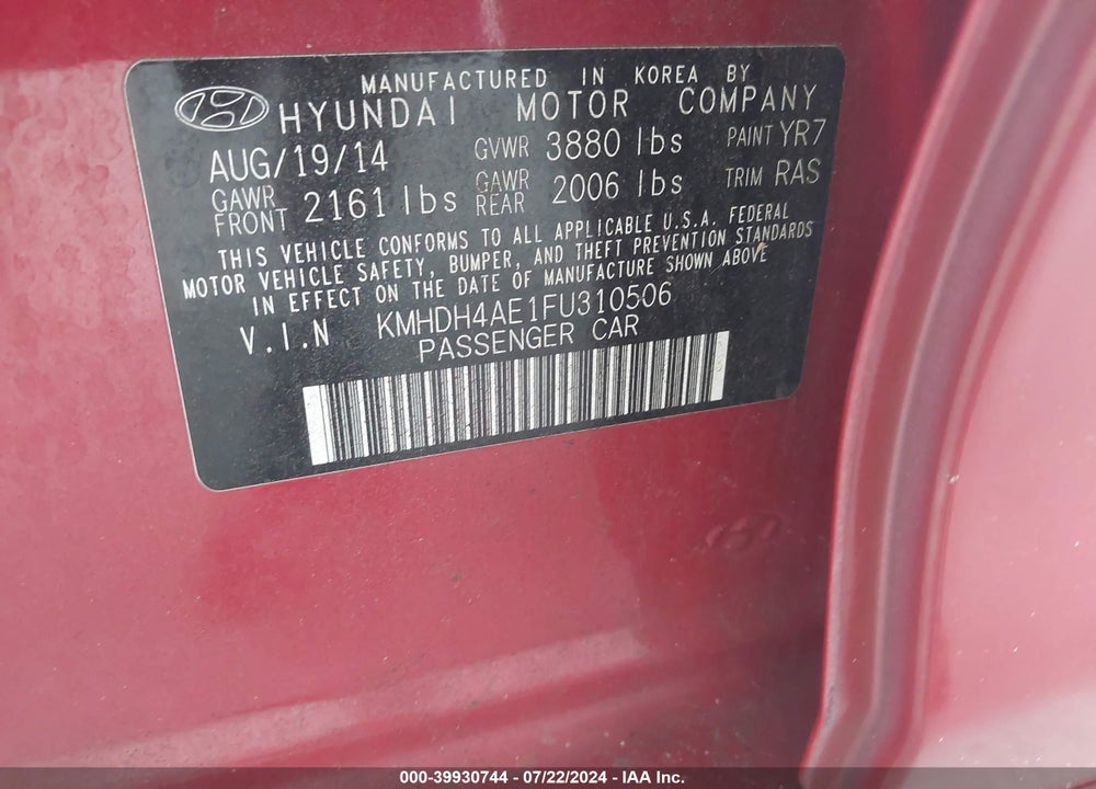 2015 HYUNDAI ELANTRA SE VIN: KMHDH4AE1FU310506