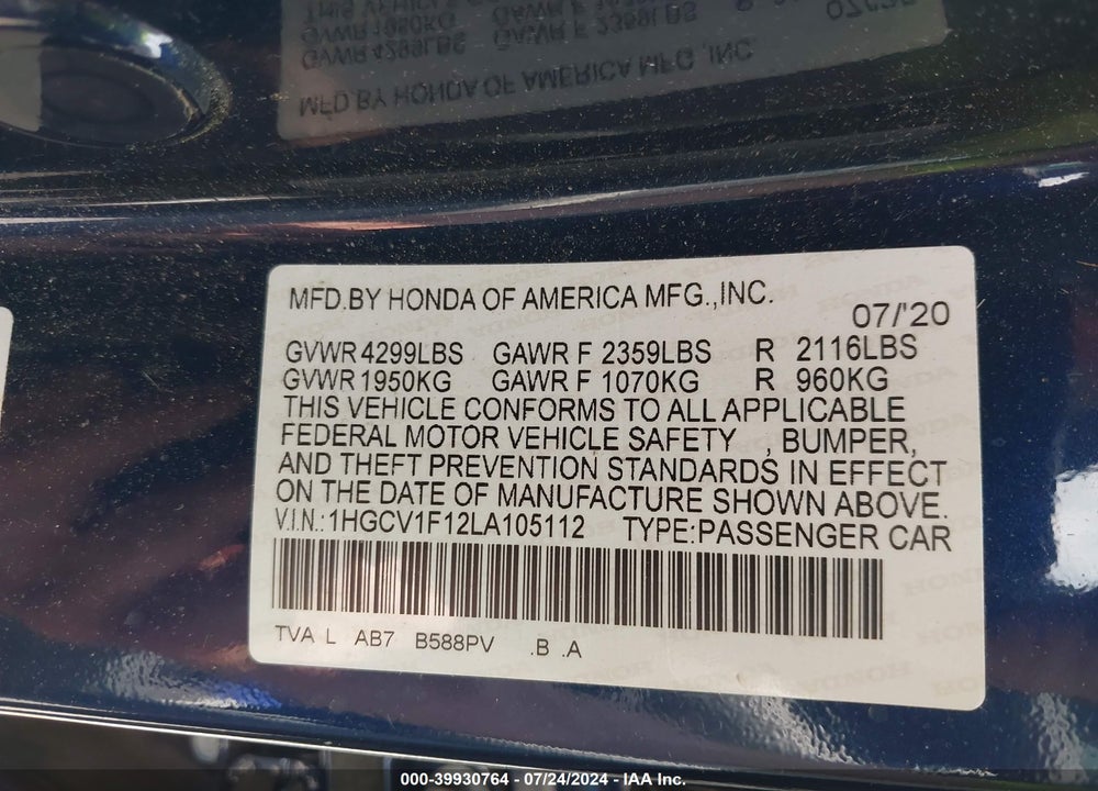2020 HONDA ACCORD LX VIN: 1HGCV1F12LA105112