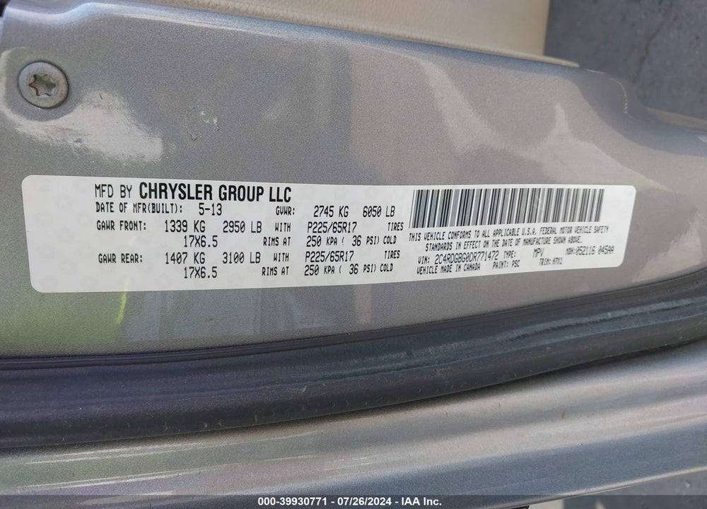 2013 DODGE GRAND CARAVAN SE VIN: 2C4RDGBG0DR771472