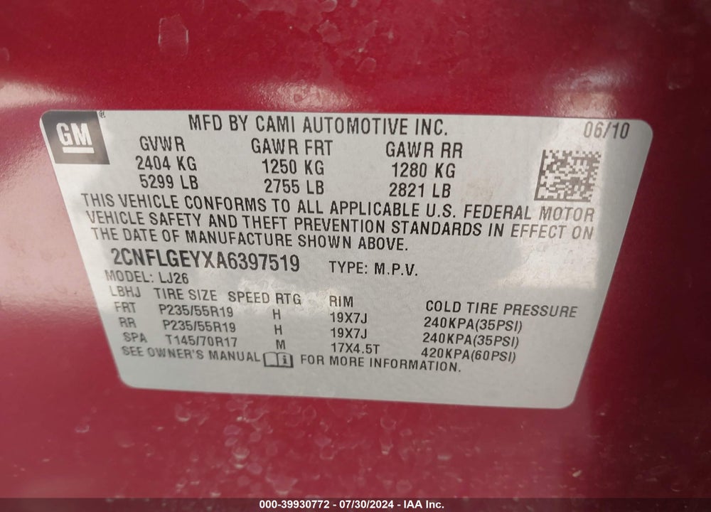 2010 CHEVROLET EQUINOX LTZ VIN: 2CNFLGEYXA6397519