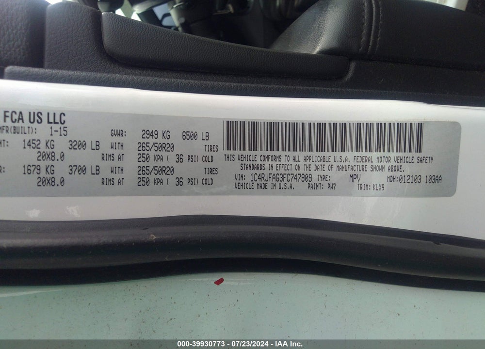 2015 JEEP GRAND CHEROKEE ALTITUDE VIN: 1C4RJFAG3FC747909