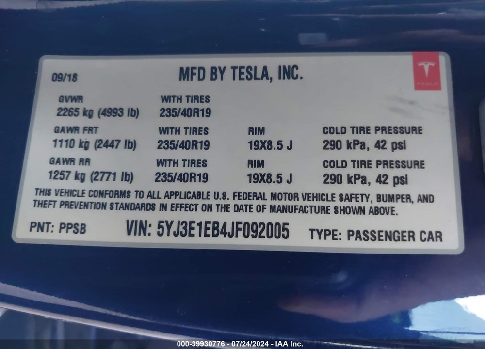 2018 TESLA MODEL 3 LONG RANGE/PERFORMANCE VIN: 5YJ3E1EB4JF092005