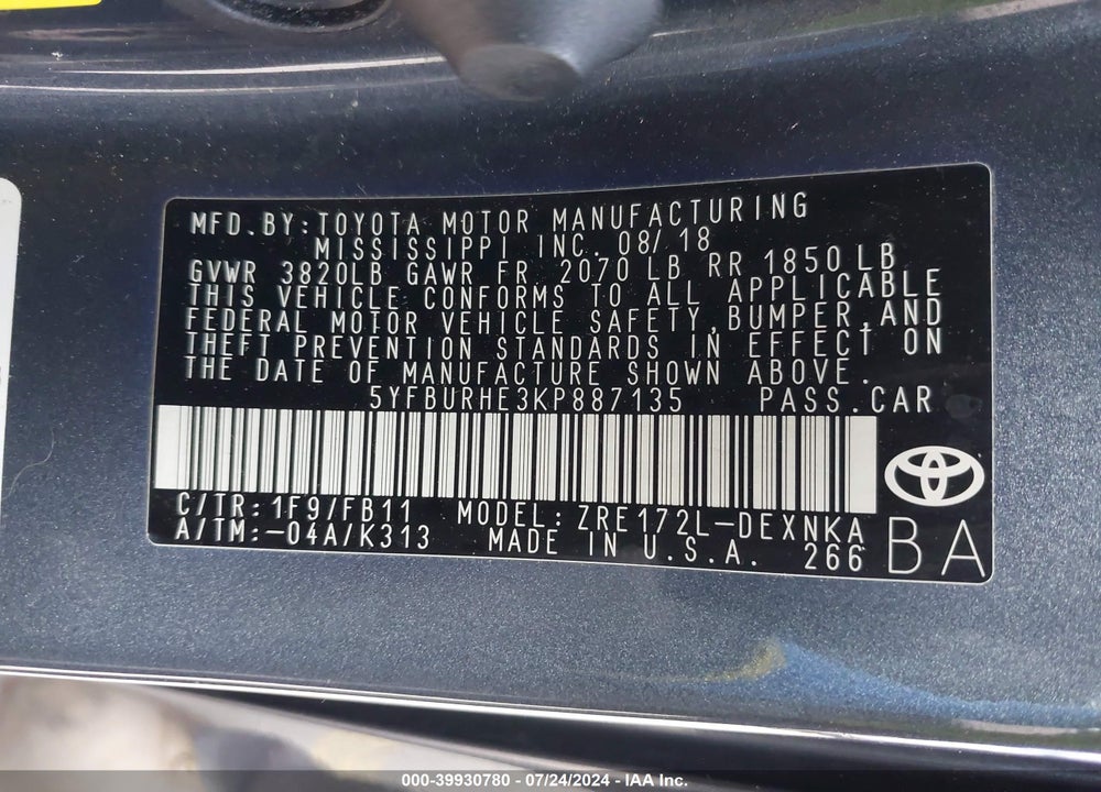 2019 TOYOTA COROLLA LE VIN: 5YFBURHE3KP887135