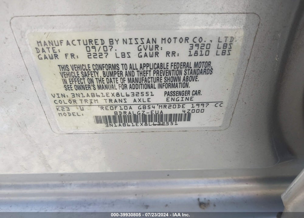 2008 NISSAN SENTRA 2.0SL VIN: 3N1AB61EX8L632551