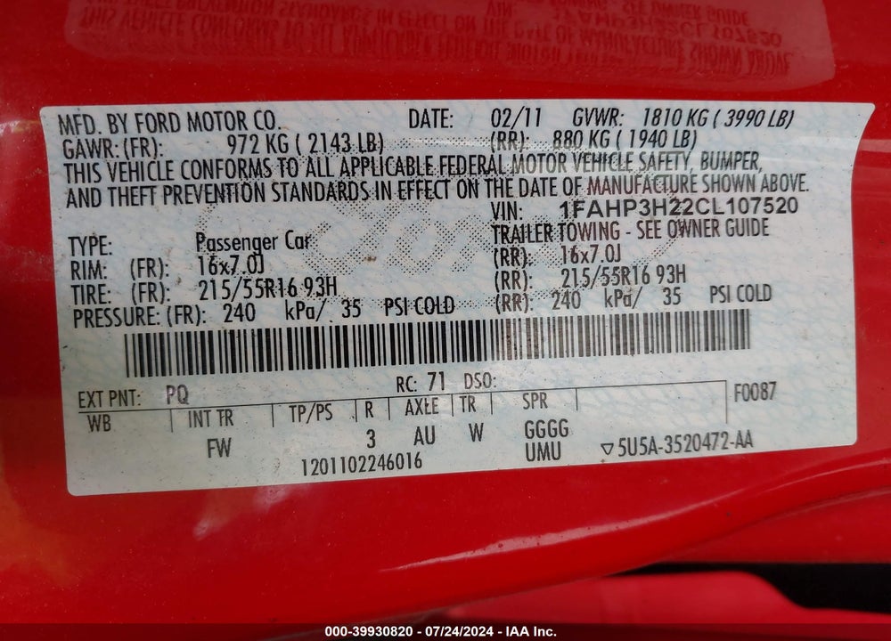2012 FORD FOCUS SEL VIN: 1FAHP3H22CL107520