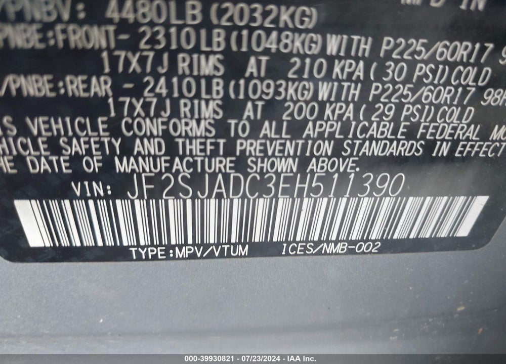 2014 SUBARU FORESTER 2.5I PREMIUM VIN: JF2SJADC3EH511390