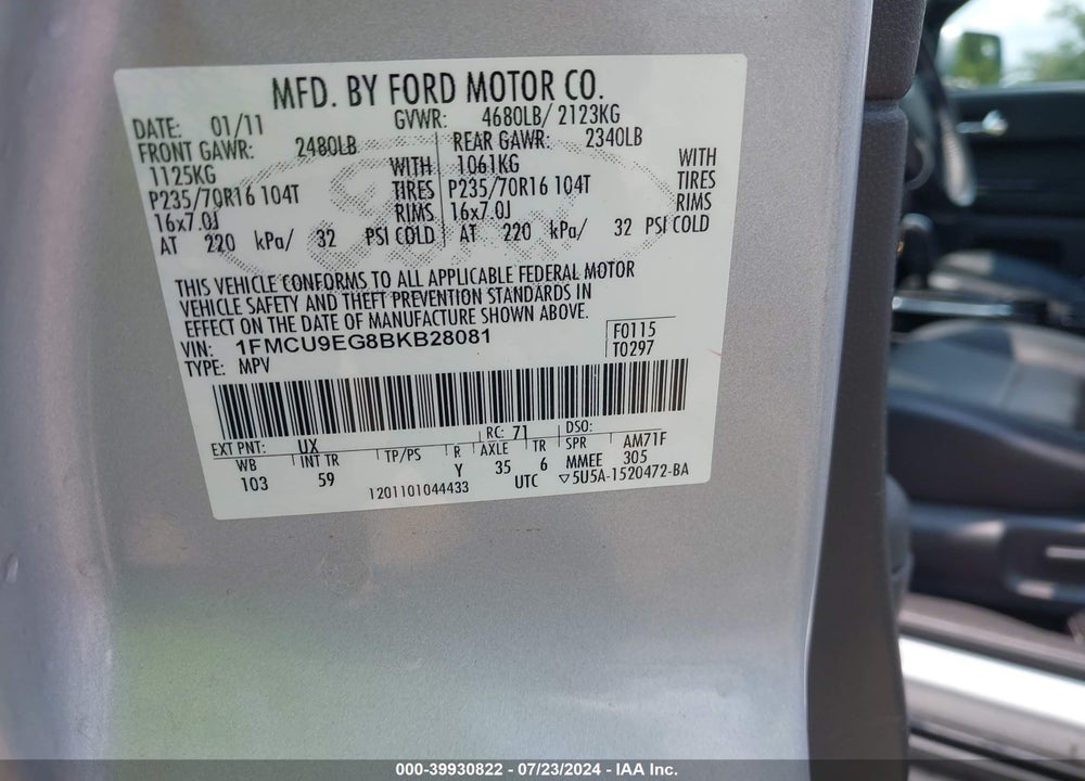 2011 FORD ESCAPE LIMITED VIN: 1FMCU9EG8BKB28081