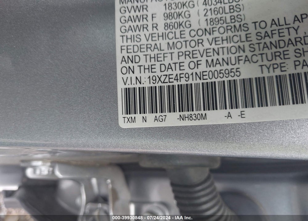 2022 HONDA INSIGHT VIN: 19XZE4F91NE005955