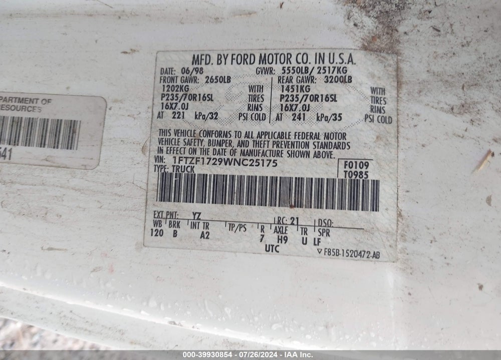 1998 FORD F-150 STANDARD/XL/XLT VIN: 1FTZF1729WNC25175
