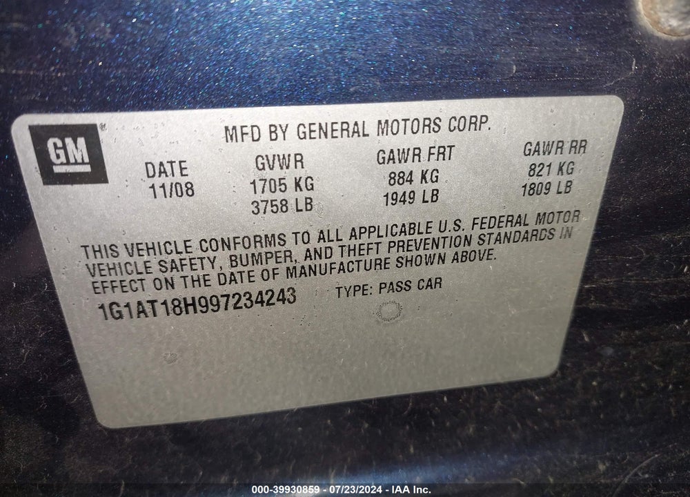 2009 CHEVROLET COBALT LT VIN: 1G1AT18H997234243
