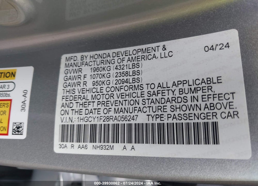 2024 HONDA ACCORD LX VIN: 1HGCY1F28RA056247