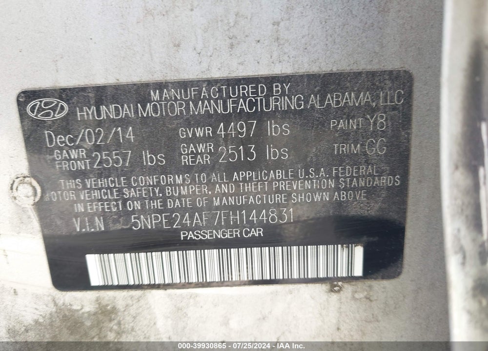 2015 HYUNDAI SONATA SE VIN: 5NPE24AF7FH144831