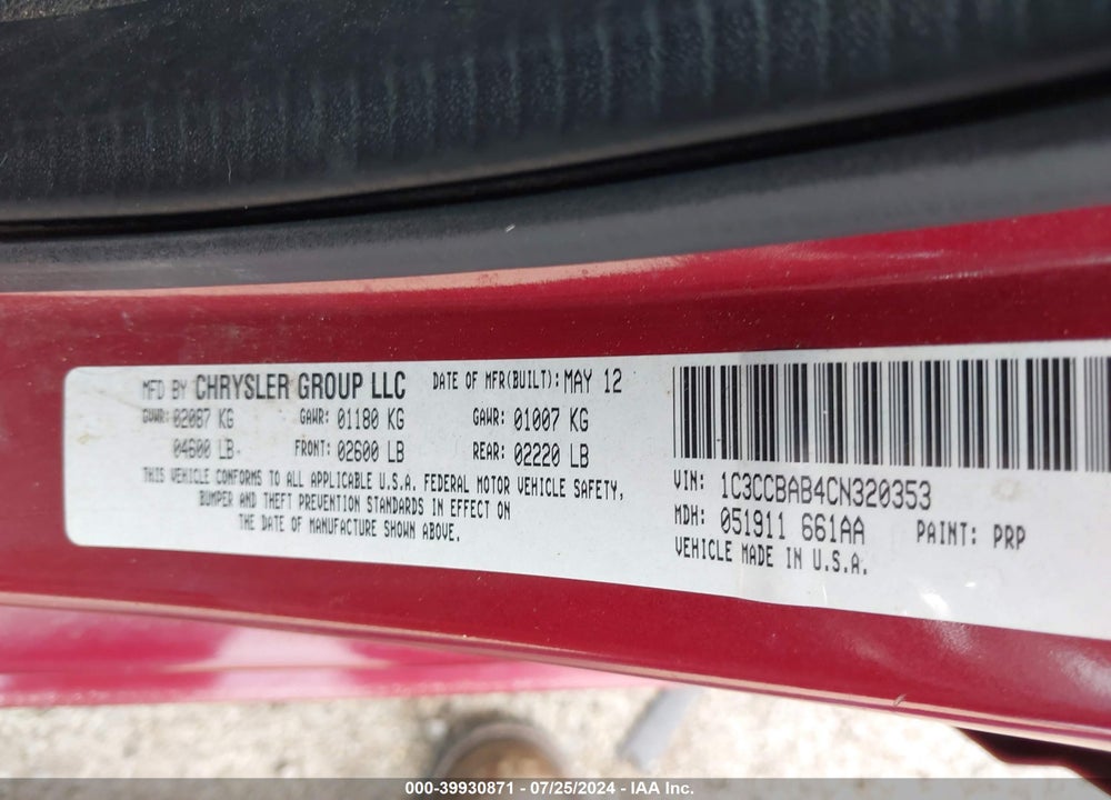 2012 CHRYSLER 200 LX VIN: 1C3CCBAB4CN320353