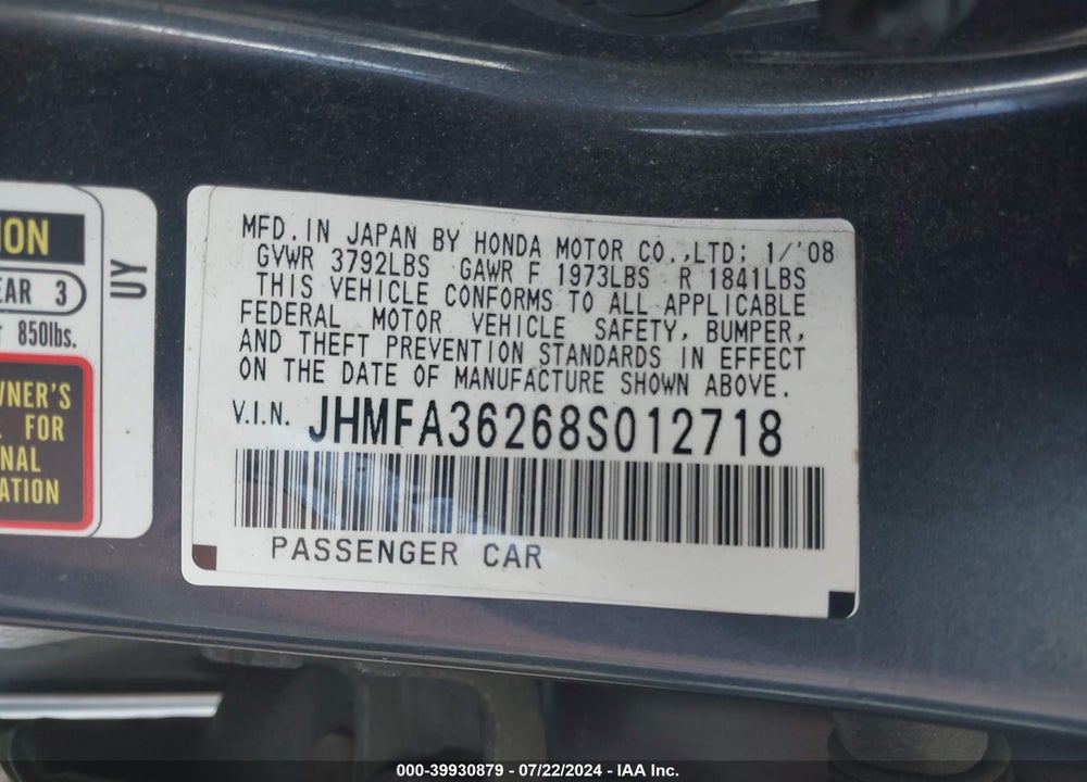 2008 HONDA CIVIC HYBRID VIN: JHMFA36268S012718