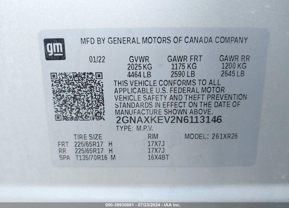 2022 CHEVROLET EQUINOX FWD LT VIN: 2GNAXKEV2N6113146