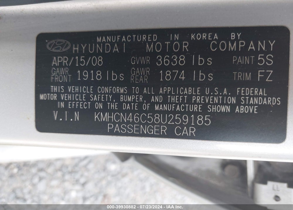 2008 HYUNDAI ACCENT GLS VIN: KMHCN46C58U259185
