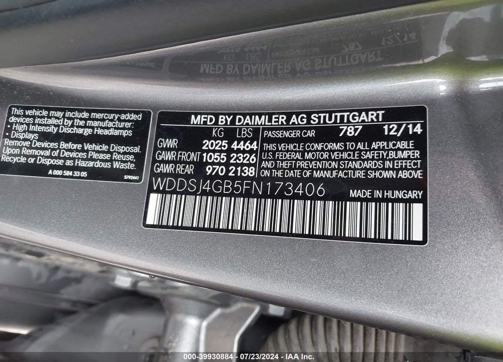 2015 MERCEDES-BENZ CLA 250 4MATIC VIN: WDDSJ4GB5FN173406