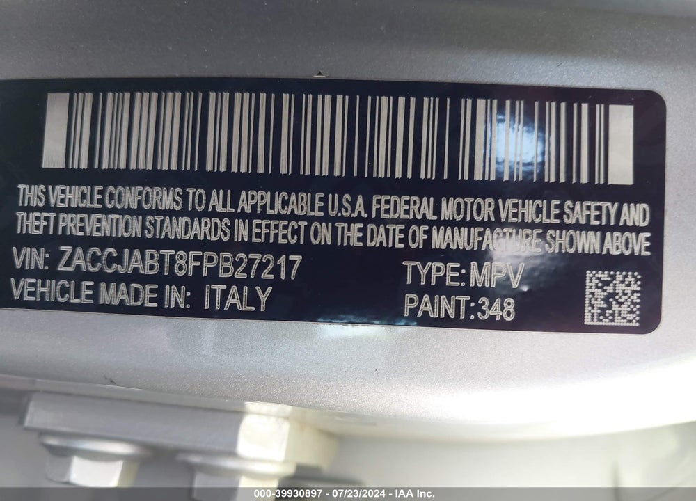 2015 JEEP RENEGADE LATITUDE VIN: ZACCJABT8FPB27217