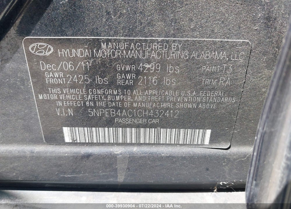 2012 HYUNDAI SONATA GLS VIN: 5NPEB4AC1CH432412