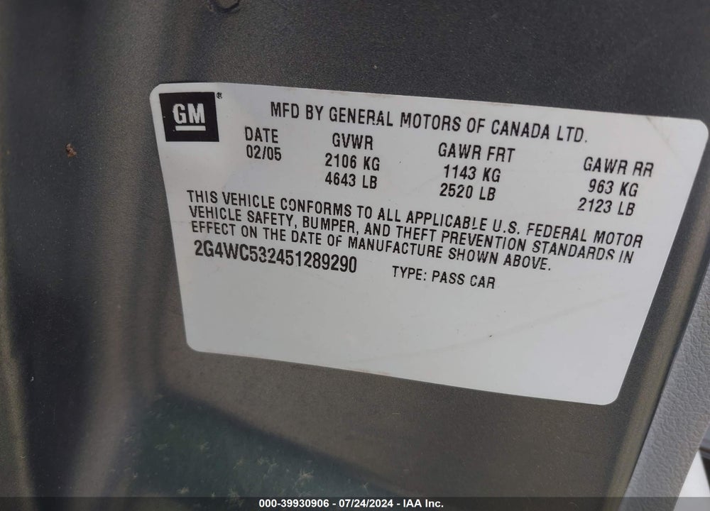 2005 BUICK LACROSSE CX VIN: 2G4WC532451289290