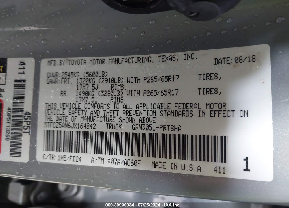2018 TOYOTA TACOMA TRD SPORT VIN: 5TFCZ5AN6JX164842