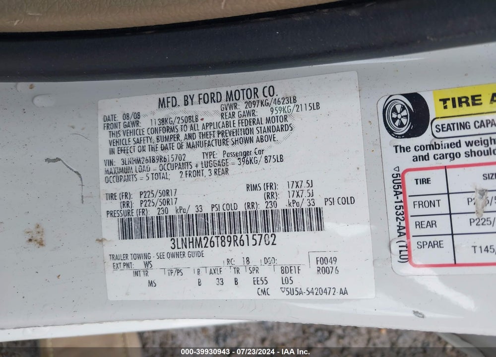 2009 LINCOLN MKZ VIN: 3LNHM26T89R615702